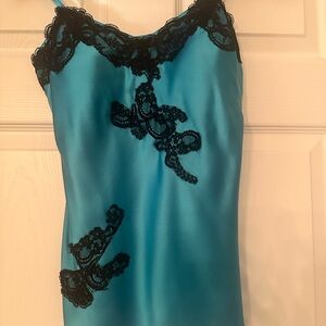 Cache Turquoise Satin Chemise with Black Lace